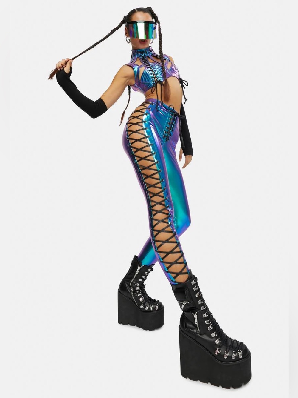 Club Exx Aqua rowdy room lace up high waist pants in metallic iridescent XS nwt